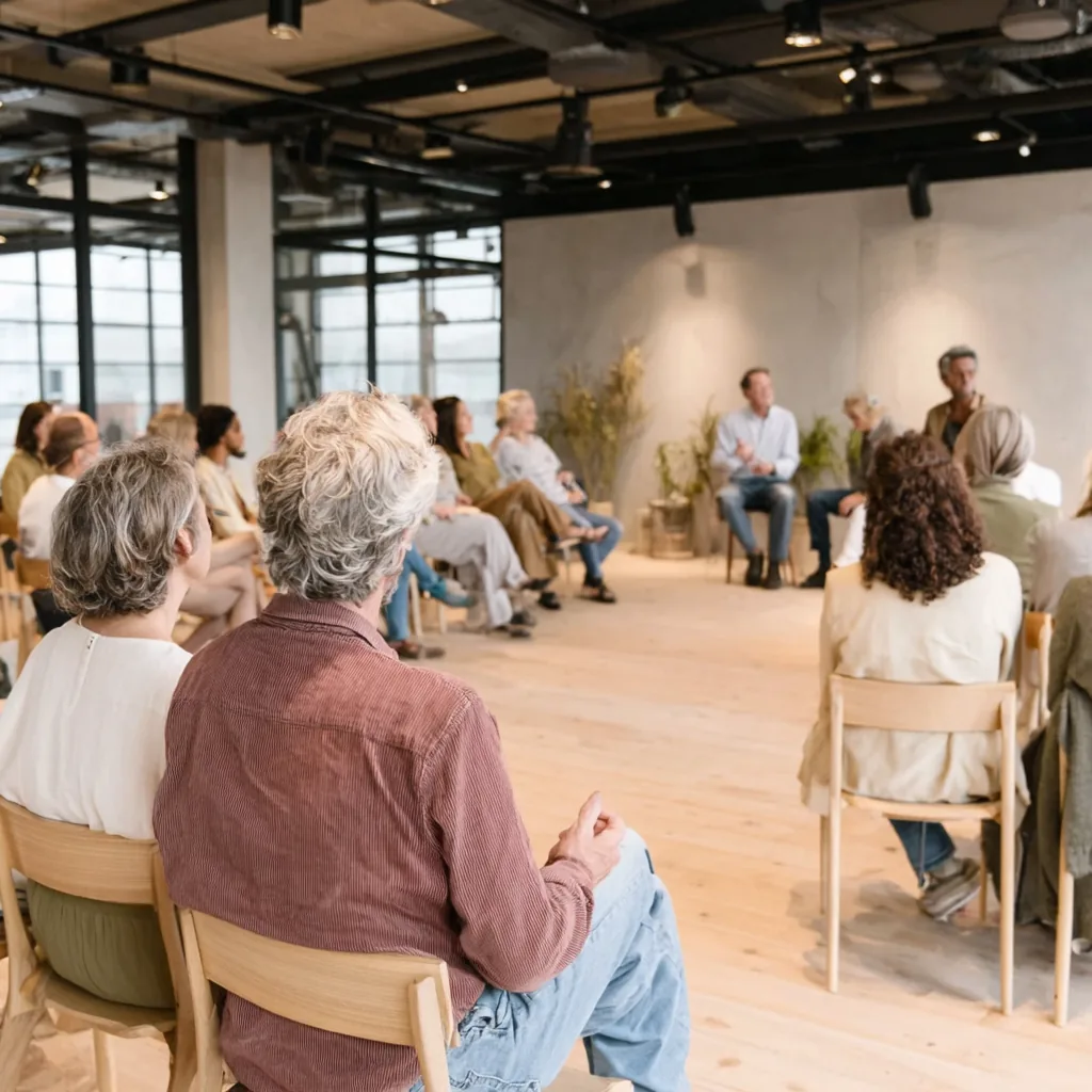 Deltagare sitter i ring under en workshop